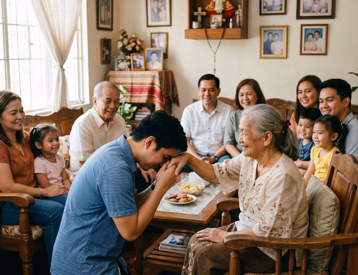 A young Filipino man performs the traditional mano gesture, pressing an elderly woman's hand to his forehead as a sign of deep respect.