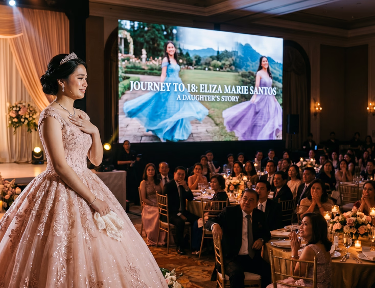 Ballroom guests watch an emotional debut AVP on a large LED screen as a tearful Filipina debutante stands under a warm stage spotlight.
