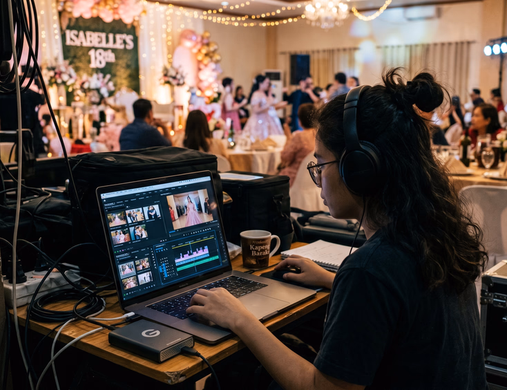 A Filipino video editor uses a laptop to edit a Filipina debutante's celebration footage behind the scenes at a dim event venue reception.