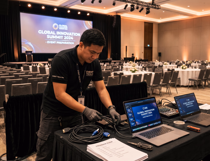 A Filipino AV technician adjusts cables and sets up laptops for a large projection screen inside an empty event venue before a debut.