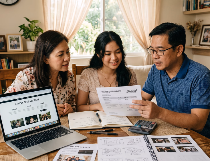 A young Filipina debutante and her parents review a printed videographer quote, storyboard sketches, and SDE pricing tiers at home.