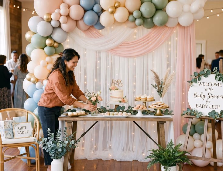 A Filipino woman styling a baby shower focal corner, arranging a pastel balloon arch, a dessert table, fairy lights, and a welcome sign.