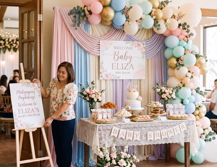 A cohesive styled Filipino baby shower backdrop featuring a pastel fabric and balloon wall behind a dessert table with a name and welcome sign.