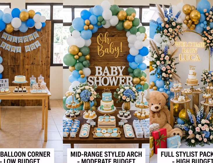 Three Filipino baby shower decor setups are shown side-by-side: a DIY balloon corner, a mid-range arch, and a full stylist package by budget.