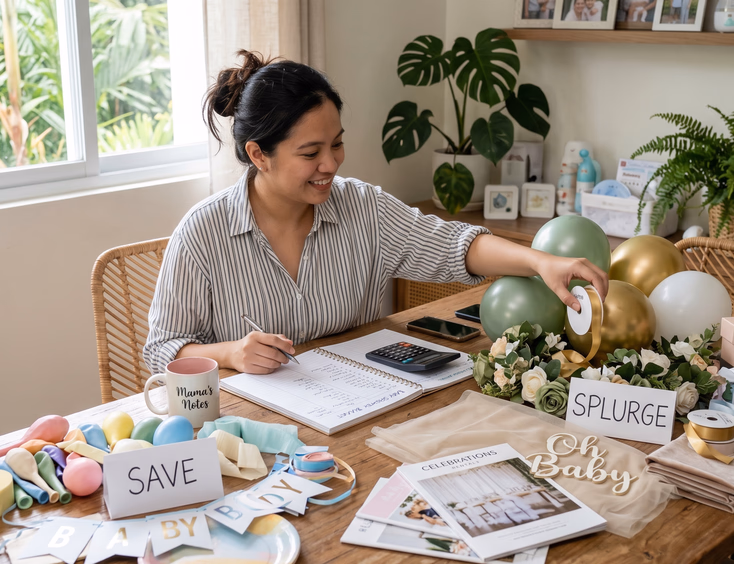 A practical Filipino woman plans baby shower decor spending at a table, sorting balloons, fabric, and rentals into save and splurge piles.