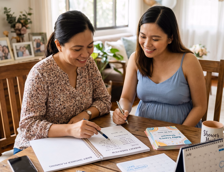 A friendly Filipino baby shower host and a mom-to-be plan at a table, reviewing a guest list and budget notebook with invitations nearby.