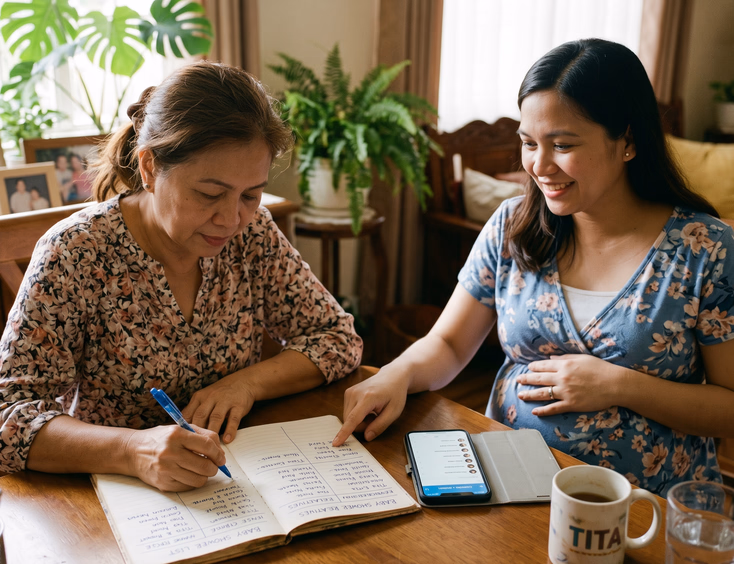 A thoughtful Filipino woman creates a baby shower guest list in her notebook beside a phone, with the pregnant mom reviewing it carefully.