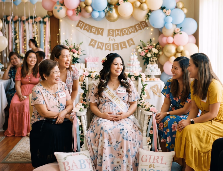 A glowing pregnant Filipino woman in her last trimester sits comfortably in a decorated chair among smiling guests at her pastel baby shower.
