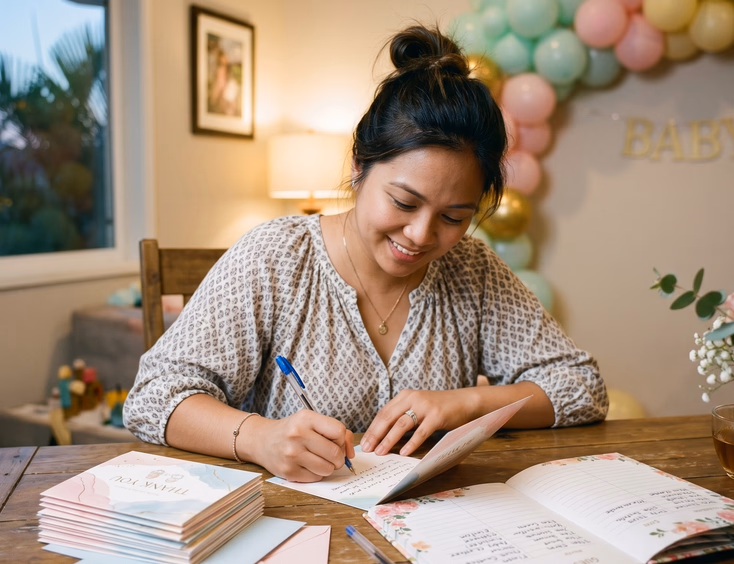 A grateful Filipino woman sits at a table after her baby shower, writing thank-you cards with a pen beside a list of guests and gifts.