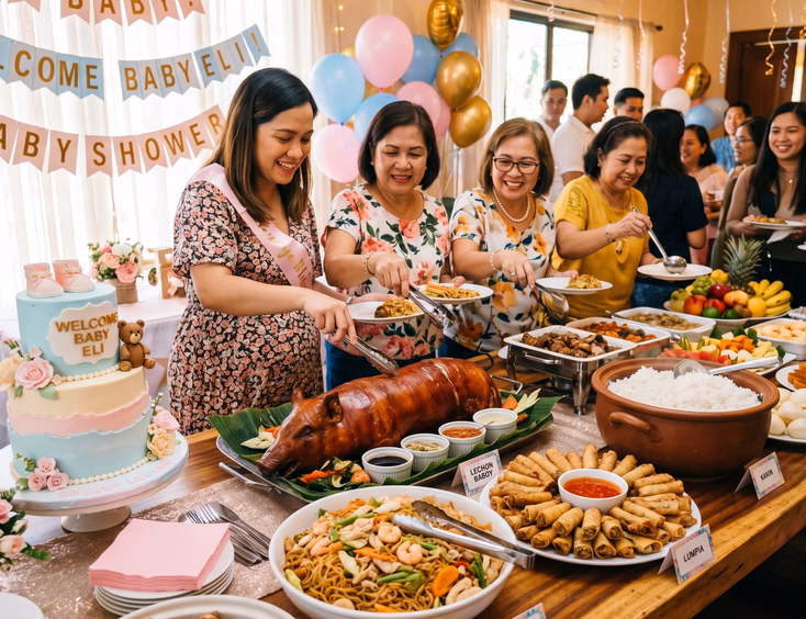 A generous Filipino baby shower buffet table features a feast with lechon, pancit, lumpia, rice, and a pastel cake, set for a festive party.