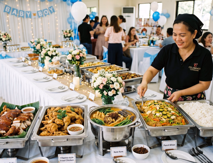 A hearty Filipino baby shower main course buffet offers a diverse spread of lechon belly, fried chicken, kare-kare, and pancit for guests.