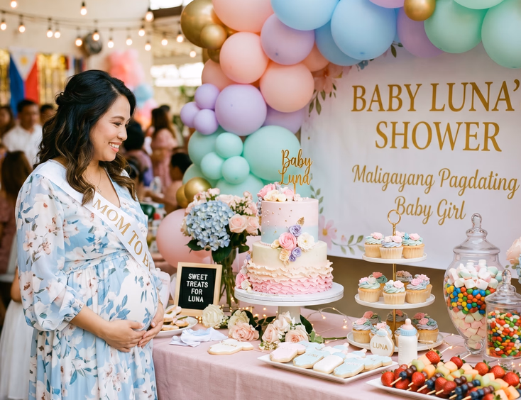 A charming pastel dessert table at a Filipino baby shower displays a two-tier cake, cupcakes, cookies, and candy, set with balloons.