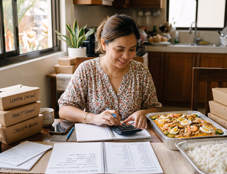 A practical Filipino woman meticulously plans food quantities for a baby shower, using a calculator and guest list surrounded by food containers.