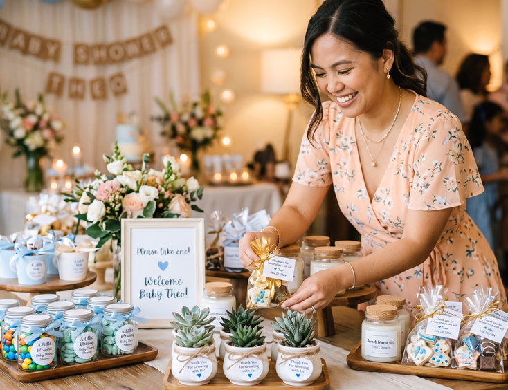 An arranged Filipino baby shower giveaway table featuring neatly organized candy jars, small succulents, and scented candles in pastel packaging.
