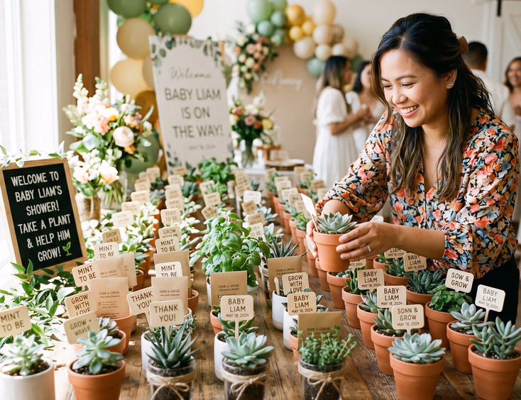 Rows of small potted succulents and herb seedlings line a wooden table as eco-friendly giveaways at a bright Filipino baby shower.