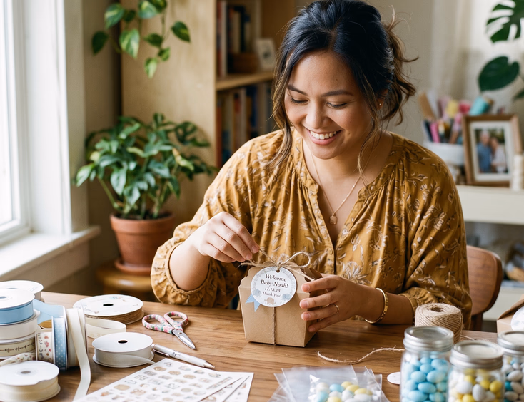A Filipino woman wraps baby shower souvenirs at a table, adding twine and printed name tags to kraft boxes surrounded by ribbons and supplies.