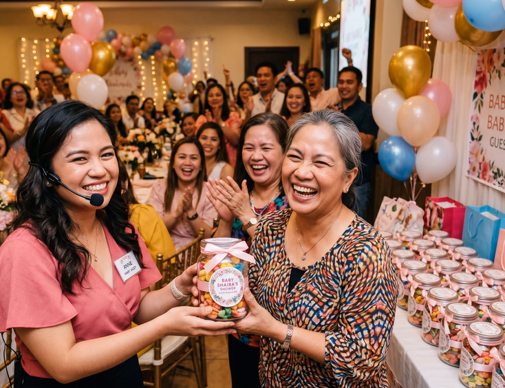A Filipino baby shower host hands a labeled candy jar souvenir as a game prize to a laughing guest while others cheer in the background.