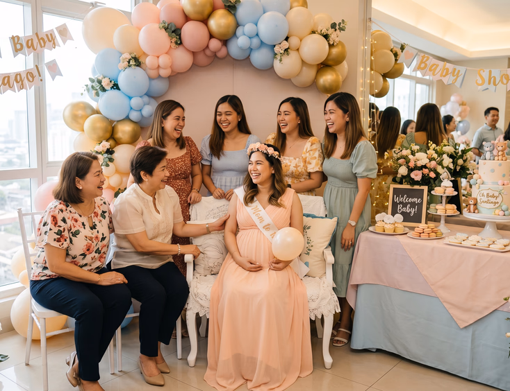 A pregnant Filipino mom-to-be smiles in a pastel dress at her baby shower in a bright condo room, surrounded by titas and friends.