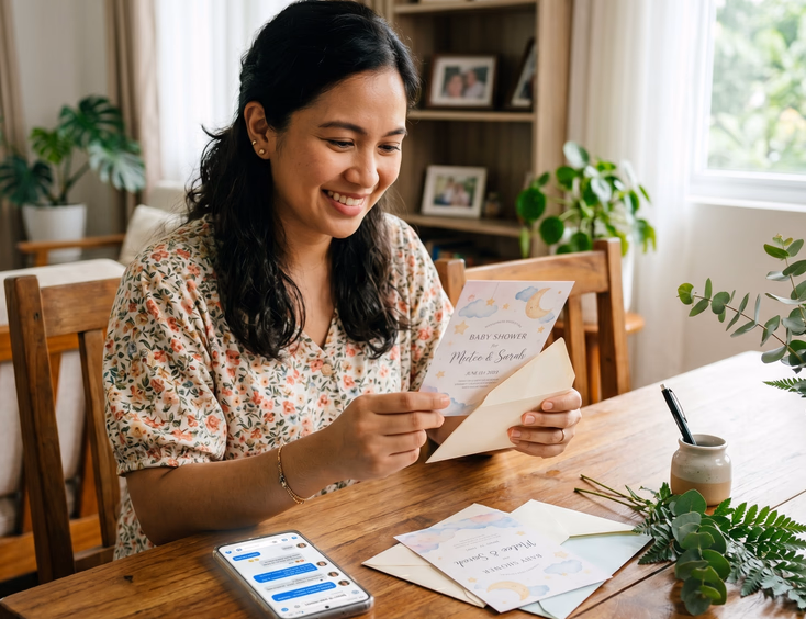 A Filipino woman sits at a wooden table preparing pastel baby shower invitations with her phone, greenery, and pen nearby.