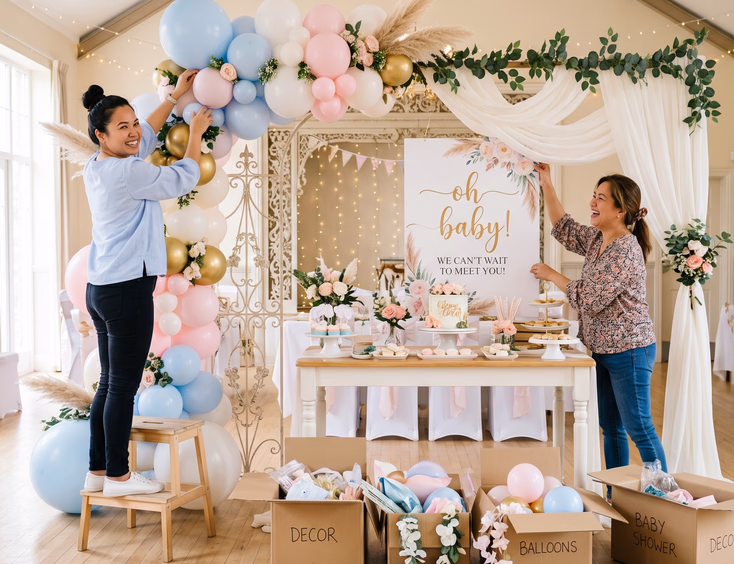 Two Filipino women cheerfully decorate a bright venue with a pastel balloon arch and a dessert table backdrop for a baby shower.
