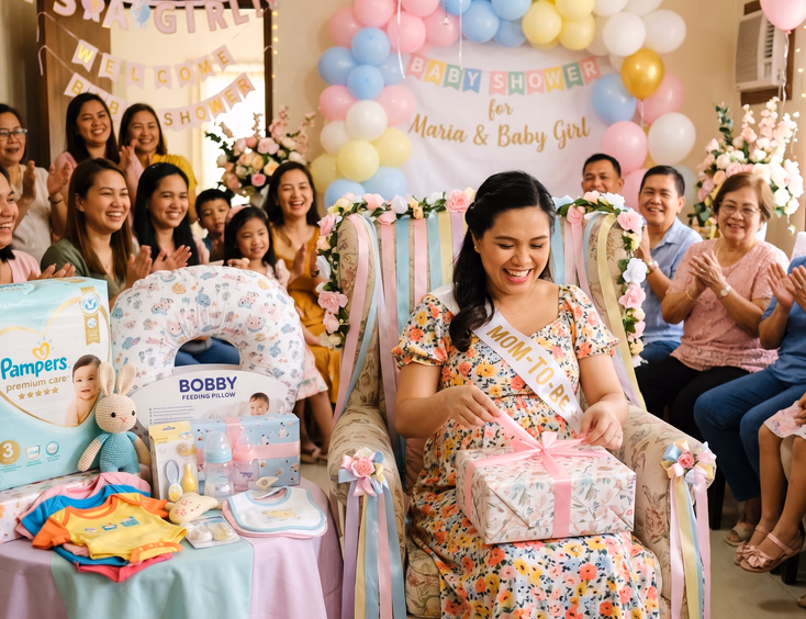 A happy Filipino mom-to-be sits in a decorated chair opening gifts surrounded by smiling guests and pastel baby shower decor.