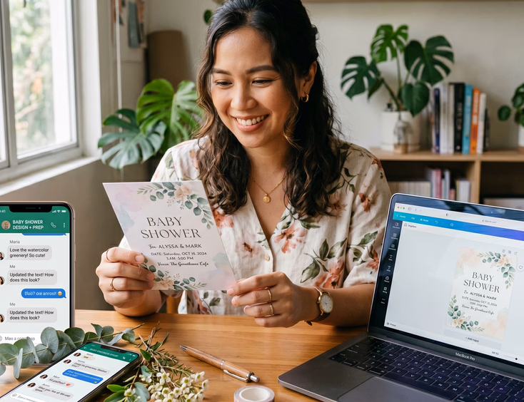 A Filipino woman smiles while designing a pastel baby shower invitation featuring greenery art, holding a card next to her laptop and phone.