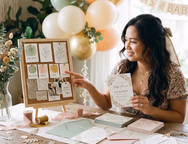 A Filipino woman compares a pastel leaf-motif baby shower invitation to coordinating balloons, ribbon, and a mood board on a table.