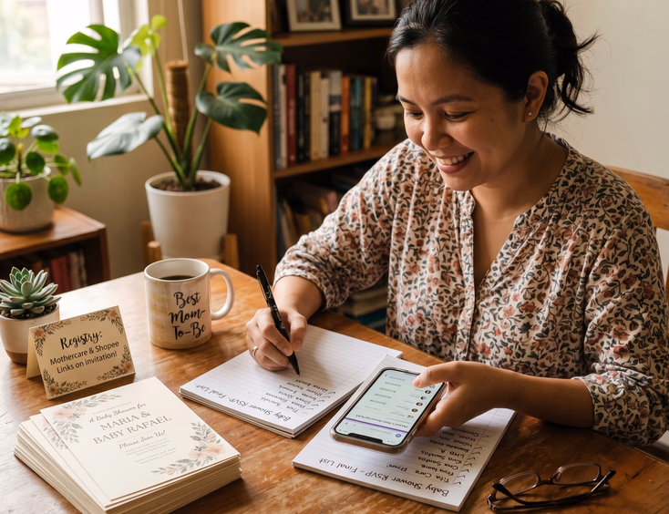 A focused Filipino woman reviews baby shower RSVPs on her phone, checking off a guest list next to a stack of printed invitations.