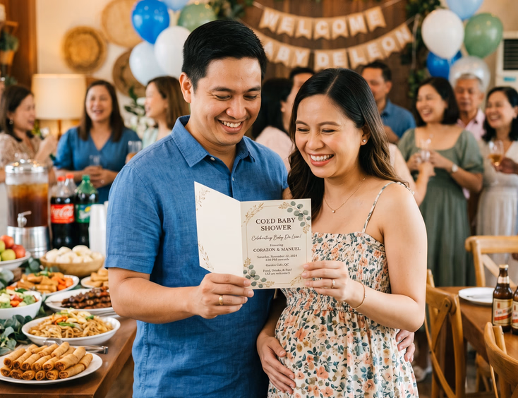 An expecting Filipino couple smiles while holding a neutral-toned coed baby shower invitation in a warm, festive setting.