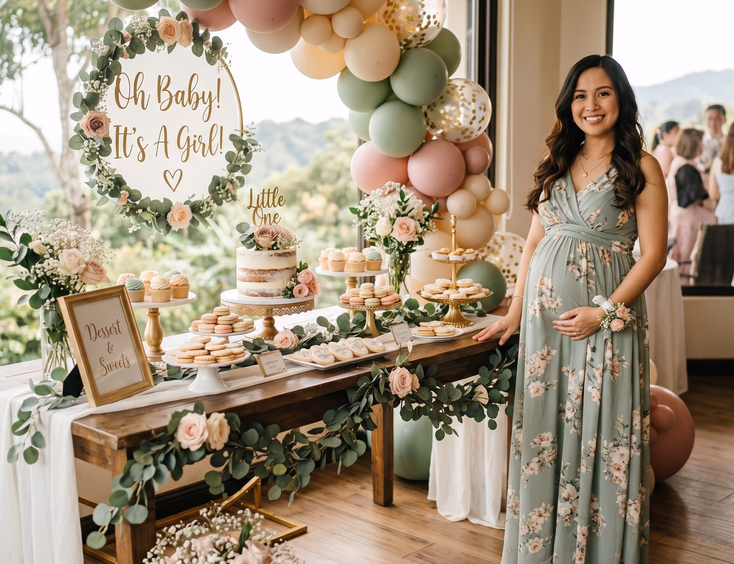 A smiling Filipino mom-to-be in a flowing pastel dress stands beside an elegant baby shower dessert table decorated with sage greenery.