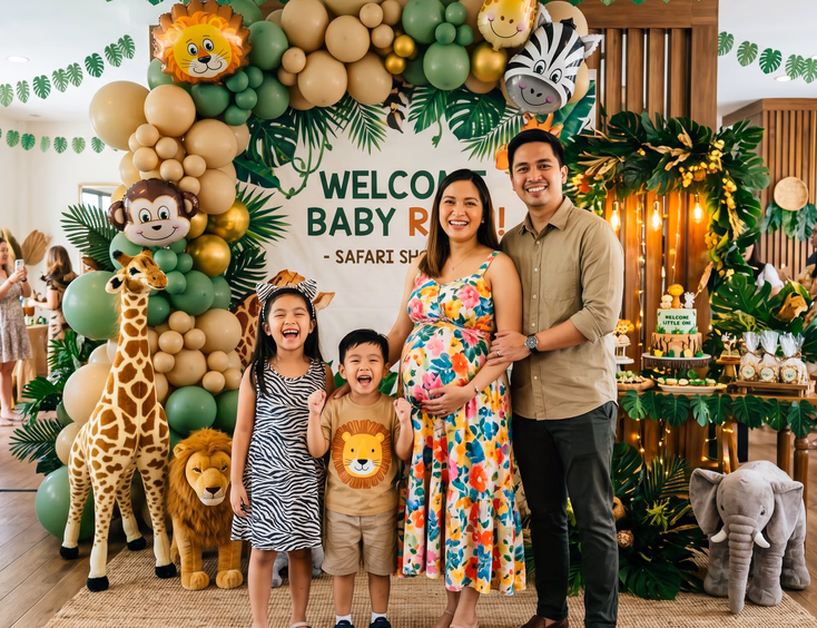 A Filipino family celebrates at a safari-themed baby shower featuring plush jungle animals, palm leaves, and khaki balloons.