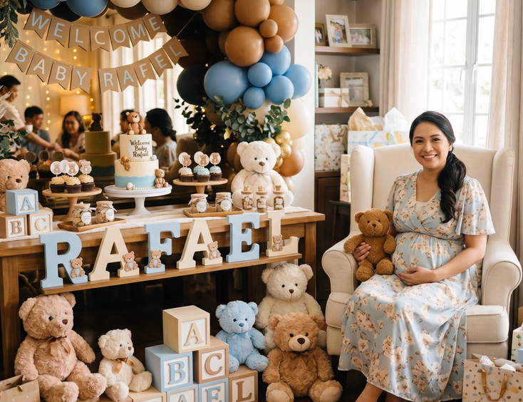 A pregnant Filipino mom sits by a cozy teddy-bear-themed baby shower table decorated with plush bears, wooden blocks, and cream balloons.