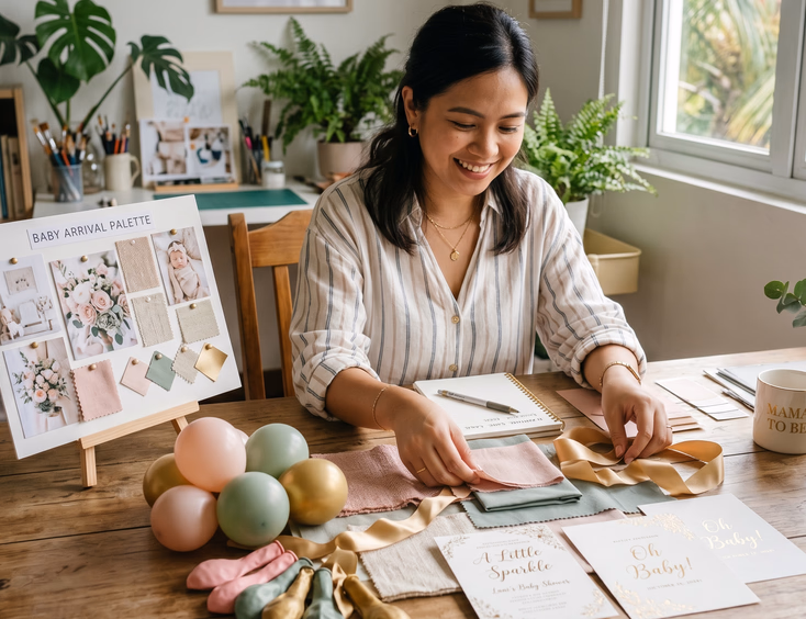 A creative Filipino woman arranges blush pink, sage green, and gold fabric swatches while planning a baby shower color palette at a table.