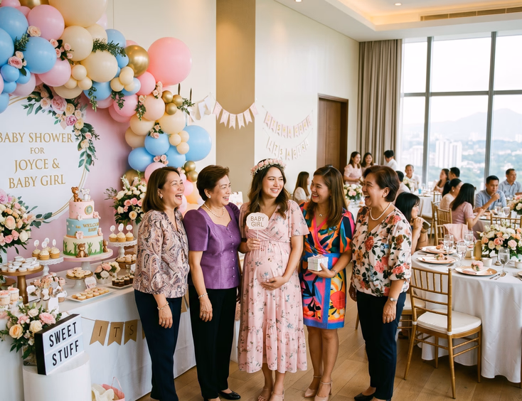 A pregnant Filipino mom and her titas celebrate at a bright condo function room baby shower featuring pastel balloons and dessert tables.