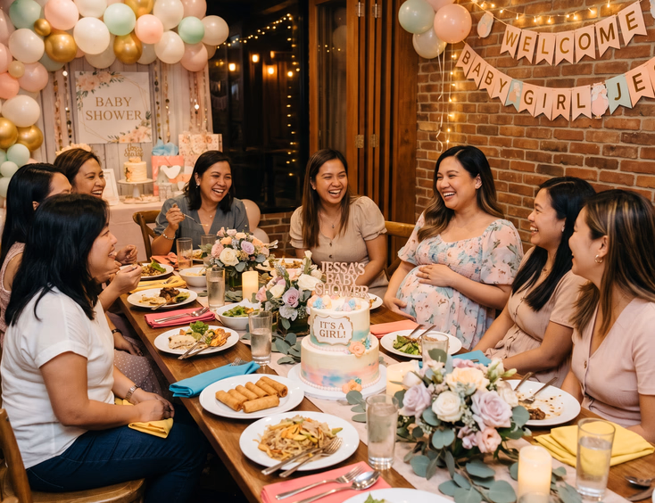 A pregnant Filipino mom and friends enjoy an intimate baby shower dinner at a long table in a cozy restaurant private room with balloons.