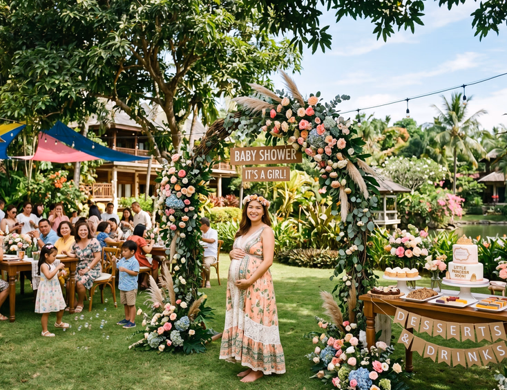 A pregnant Filipino mom in a flowing dress stands under trees at a garden resort baby shower with a floral arch and guests nearby.