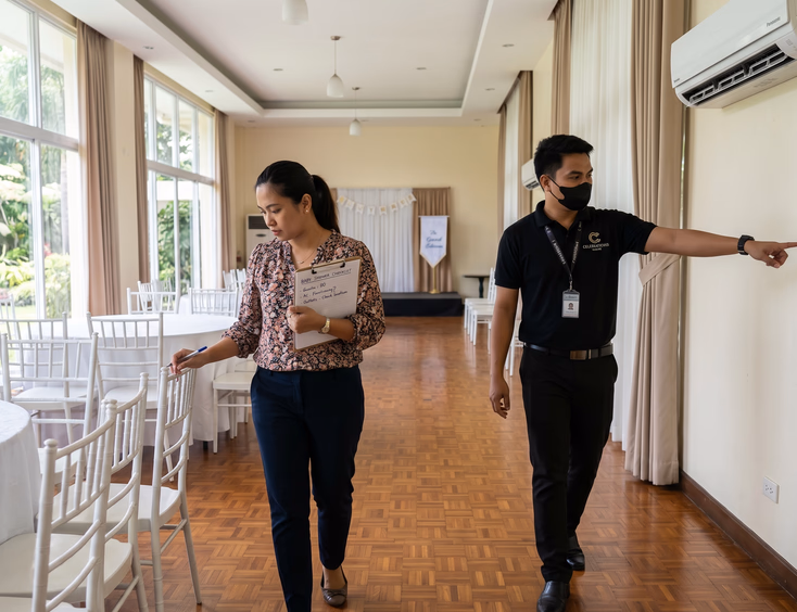 A Filipino woman with a clipboard inspects a clean function room, checking facilities alongside a venue staff member for a baby shower booking.