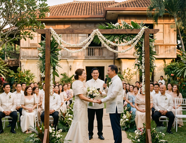 Mature Filipino couple renewing vows in an ancestral home garden, surrounded by family and traditional details.