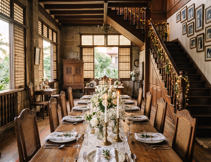 Filipino ancestral home interior set up for a intimate vow renewal ceremony, featuring capiz windows and nostalgic decor.