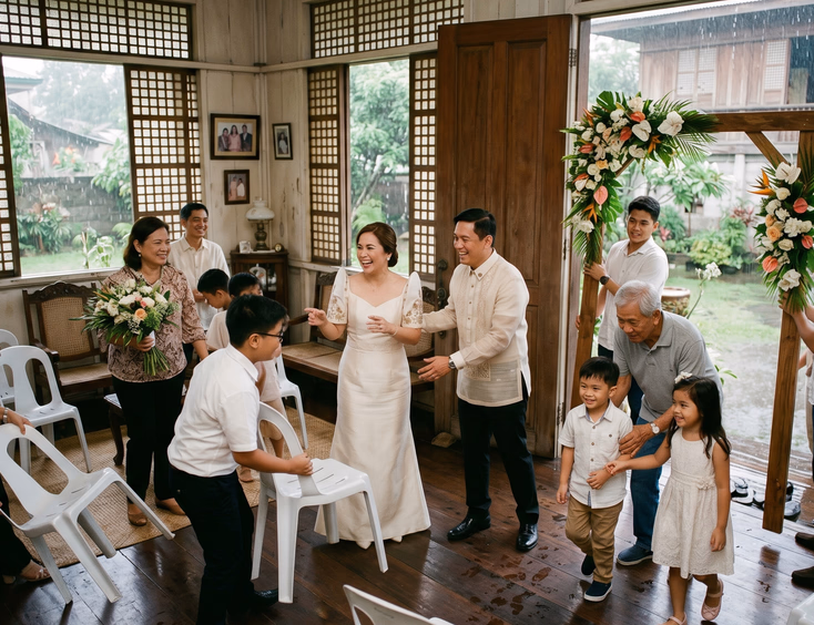 Filipino family moving a garden wedding ceremony indoors to the ancestral home living room due to rain.