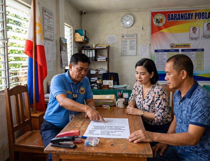 Filipino couple in their 40s meeting with a barangay official in a local office to process an event permit.