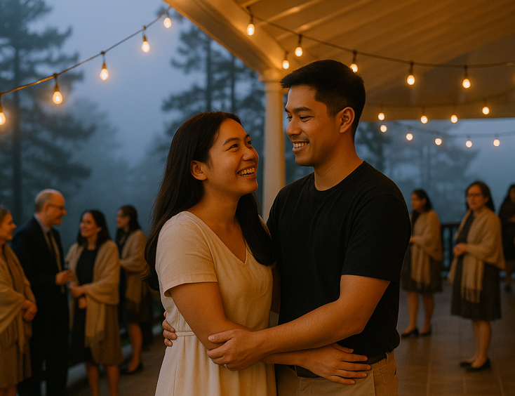Young Filipino couple under string lights on a pine lined veranda as fog rolls in and guests mingle with shawls and warm drinks