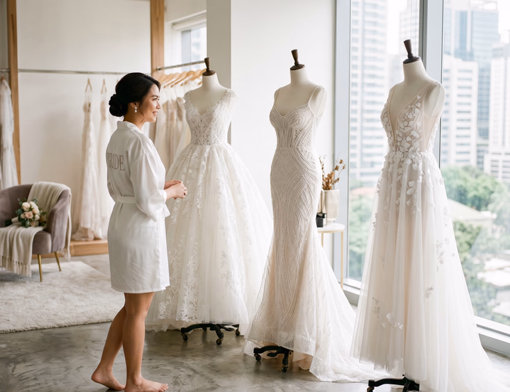 Filipina bride in a white robe standing in a modern Makati bridal atelier, comparing three wedding gown styles displayed on mannequins — a ball gown, mermaid, and A-line — in a minimalist white interior with natural light
