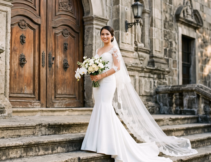 Filipina bride wearing a fitted white stretch crepe mermaid wedding gown, standing at the top of stone steps at a historic Filipino church with warm wooden doors and soft morning light behind her