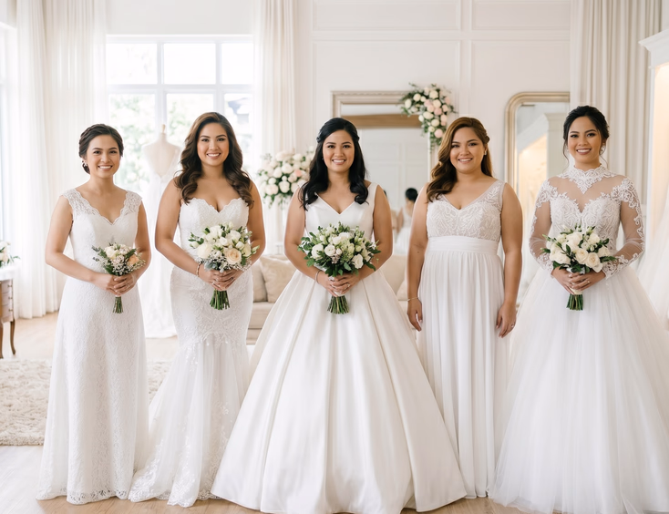 Five Filipina brides of different body types in a bright Philippine bridal showroom, each wearing a white wedding gown suited to their silhouette — A-line, mermaid, ball gown, empire waist, and classic ball gown styles