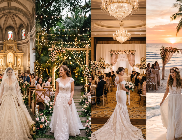 Split panel image showing four Filipino wedding venues — a grand Catholic church, tropical garden, luxury hotel ballroom, and white sand beach at sunset — each featuring a Filipina bride in a different wedding gown style