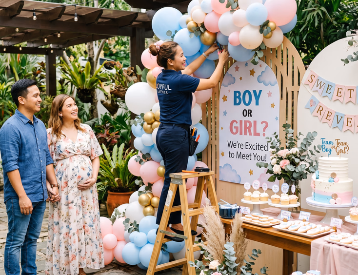 A Filipino party stylist sets up a gender reveal backdrop with balloon garlands and a dessert table while the expectant couple watches in bright daylight.