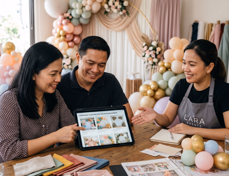 A Filipino couple reviews a styling supplier's portfolio of balloon arches on a tablet during a professional consultation.