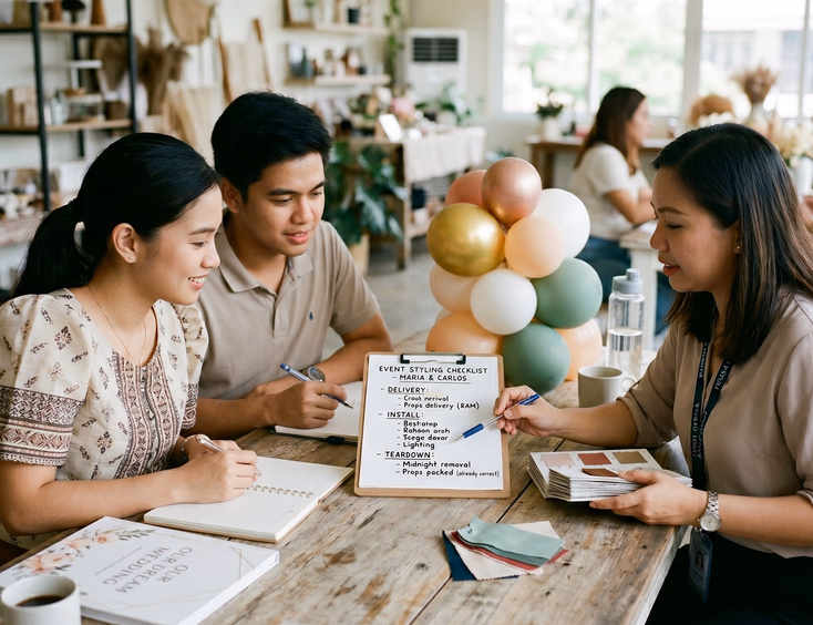 A Filipino couple discusses delivery and setup details with a party styling supplier at a table with balloon samples.