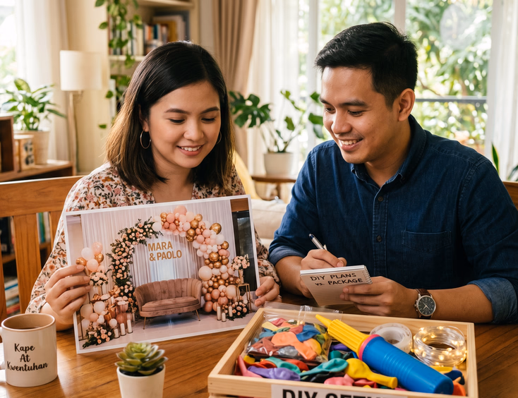 A Filipino couple decides between a pro styling package and a DIY setup, comparing backdrop photos with a box of balloons and a pump.